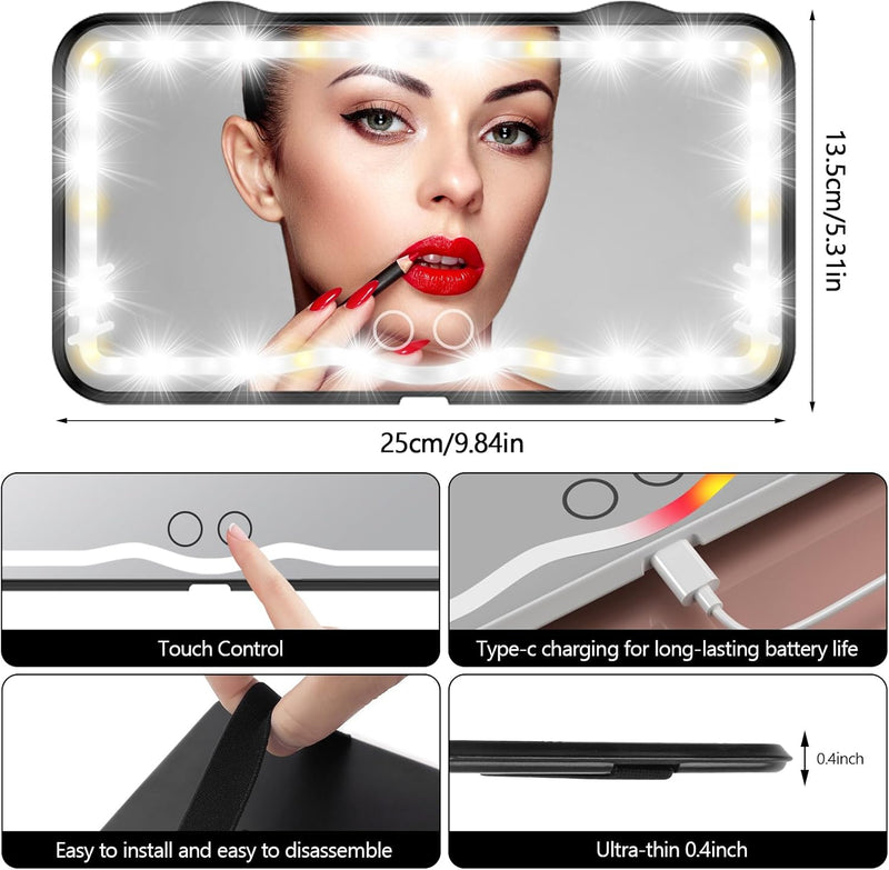 LED Car Vanity Mirror with Dimmable Touch Control - Rechargeable Sun Visor Mirror with 3 Light Modes