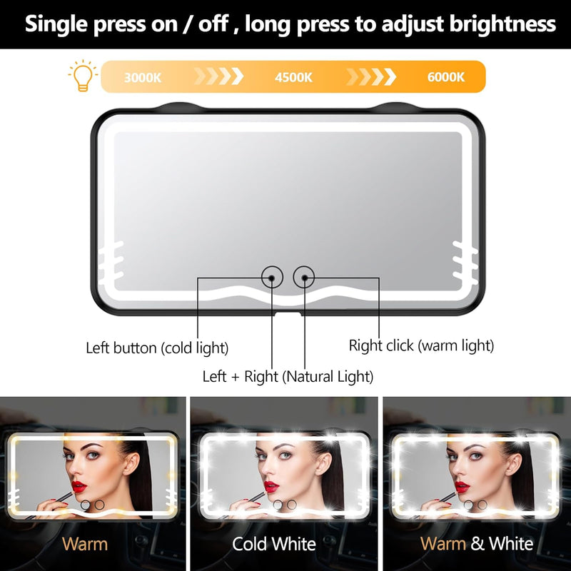 LED Car Vanity Mirror with Dimmable Touch Control - Rechargeable Sun Visor Mirror with 3 Light Modes