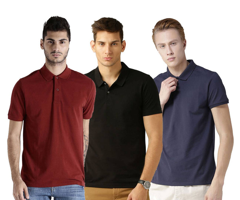 Men's Multicoloured Cotton Blend Solid Polos T-Shirt (Pack Of 3)