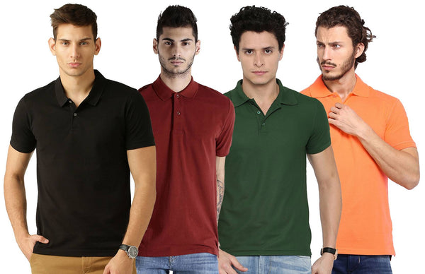 Men's Multicoloured Cotton Blend Solid Polos T-Shirt (Pack Of 4)