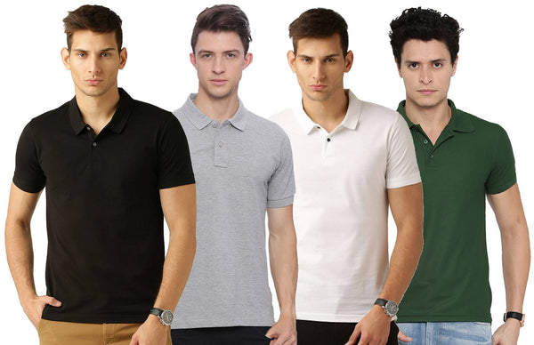 Men's Multicoloured Cotton Blend Solid Polos T-Shirt (Pack Of 4)