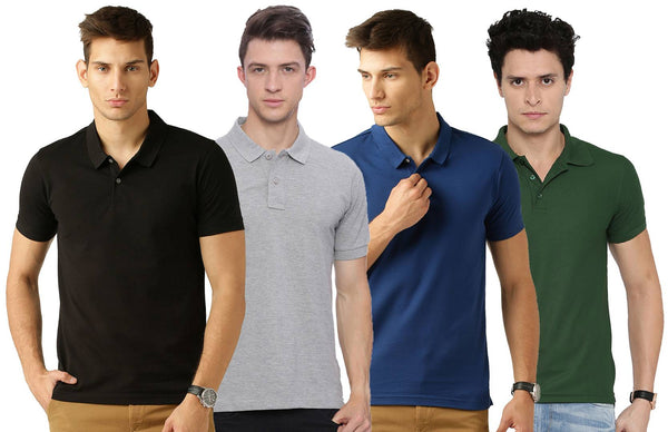 Men's Multicoloured Cotton Blend Solid Polos T-Shirt (Pack Of 4)