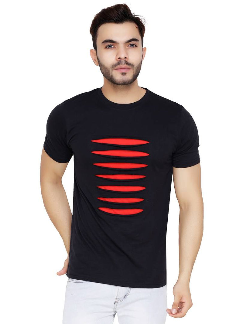 Men's Black Cotton Blend Self Pattern Round Neck Tees