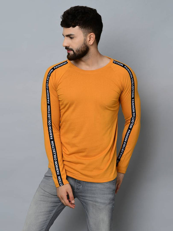 Men's Yellow Cotton Self Pattern Round Neck Tees