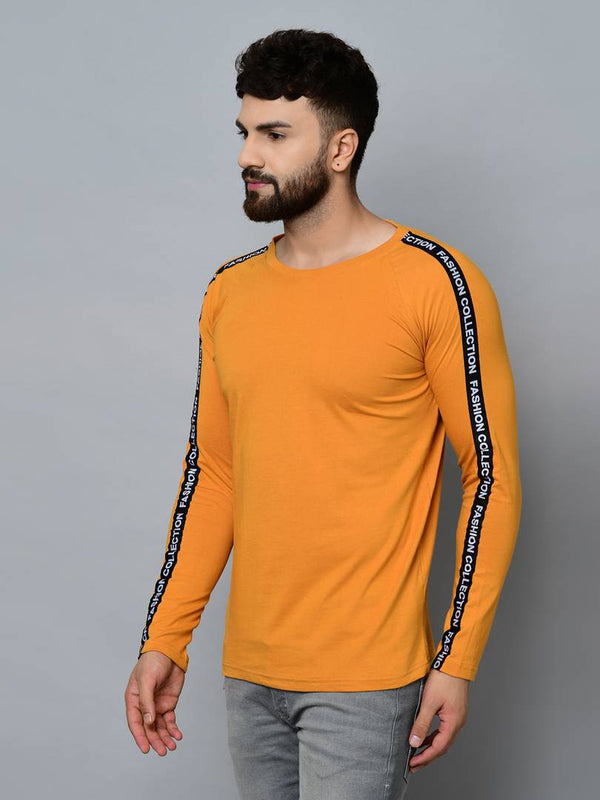 Men's Yellow Cotton Self Pattern Round Neck Tees