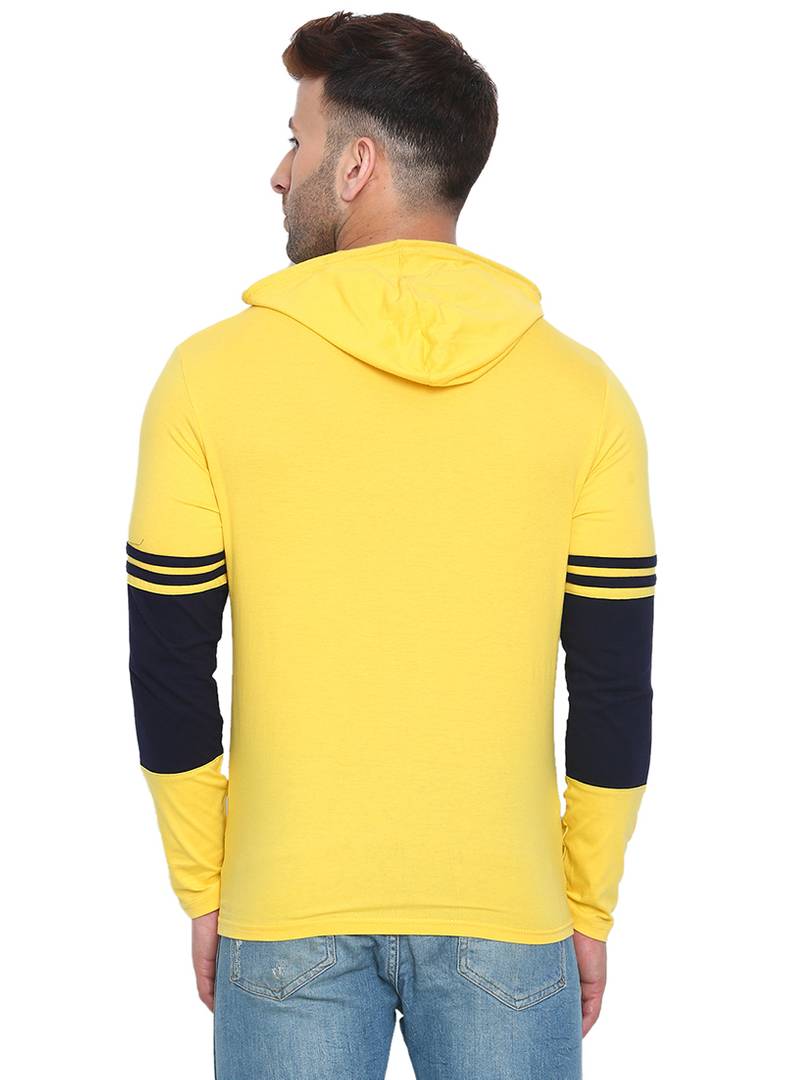 Men's Yellow Cotton Self Pattern Hooded Tees