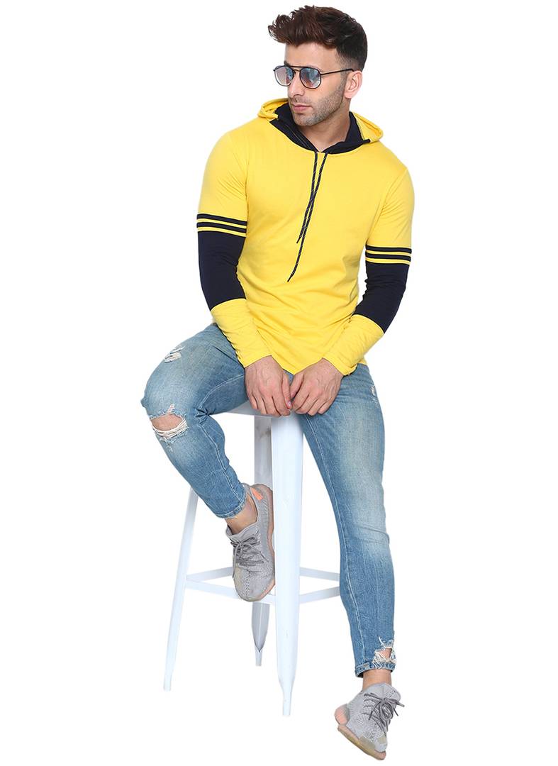 Men's Yellow Cotton Self Pattern Hooded Tees