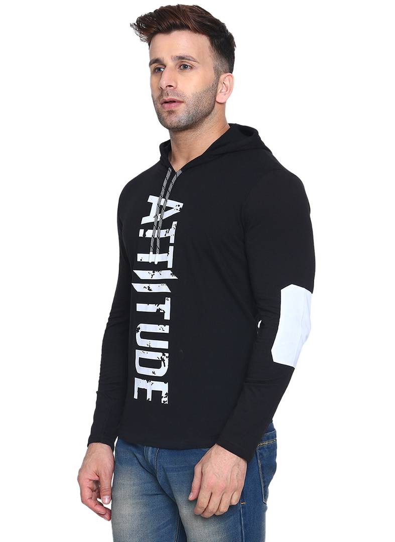 Men's Black Cotton Printed Hooded Tees