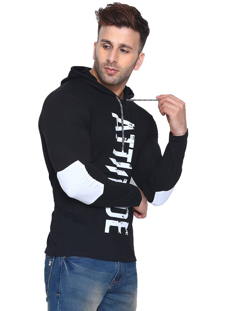 Men's Black Cotton Printed Hooded Tees