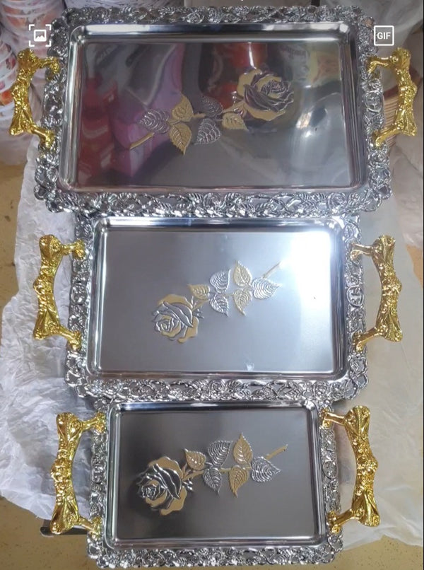 Stainless Steel Material Tray with Golden Design and Handel (Set of 3)