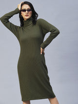 Rigo Women's Olive Green Turtle Neck Waffle Knit Cotton Midi Dress