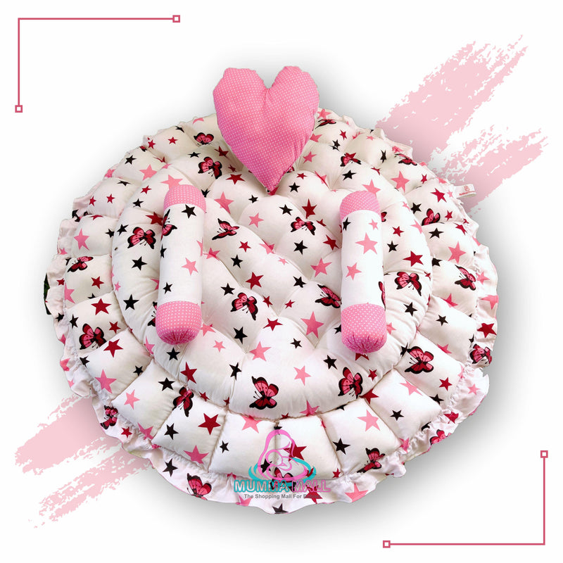 Round Baby Tub Bed With A Heart Pillow And Pair Of Bolster (Pink And White)