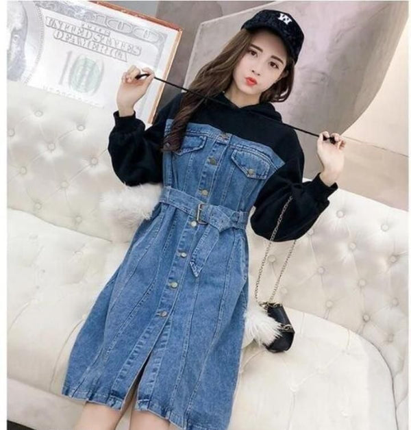 Women's Denim Solid Hooded Short Dress