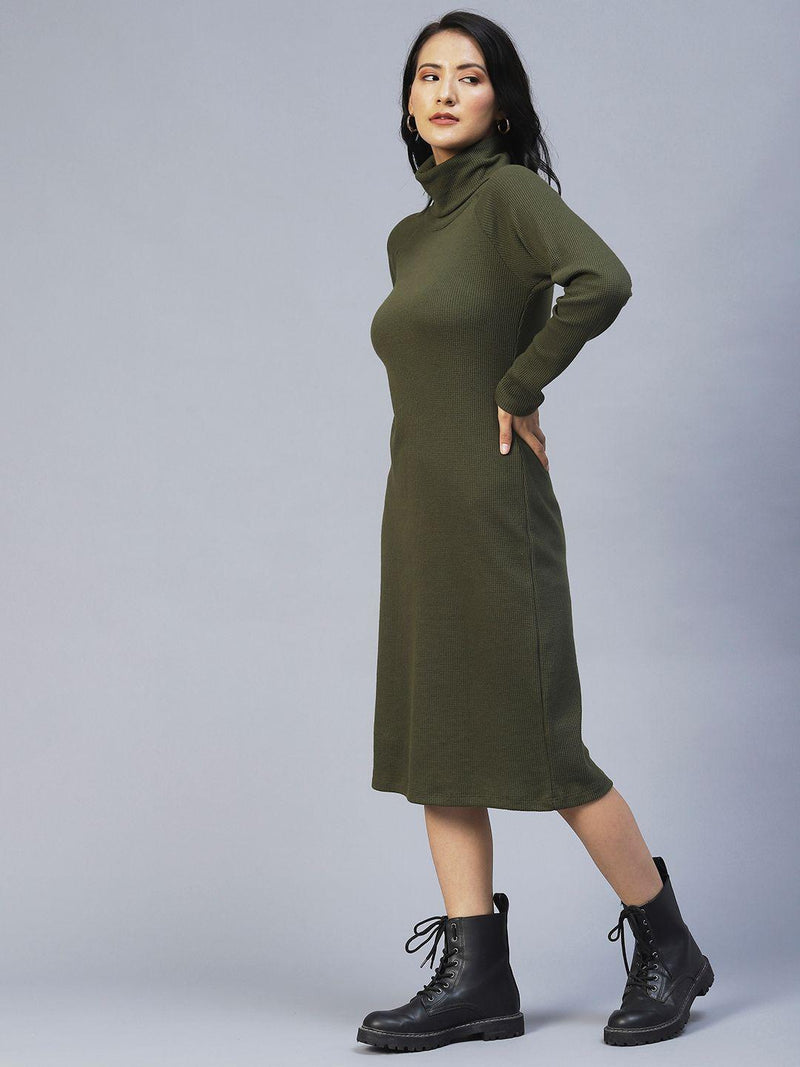 Rigo Women's Olive Green Turtle Neck Waffle Knit Cotton Midi Dress