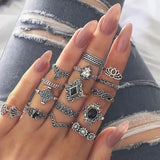 Silver Plated 15 Piece Vintage Floral Designs Plushy Ring Set For Women and Girls