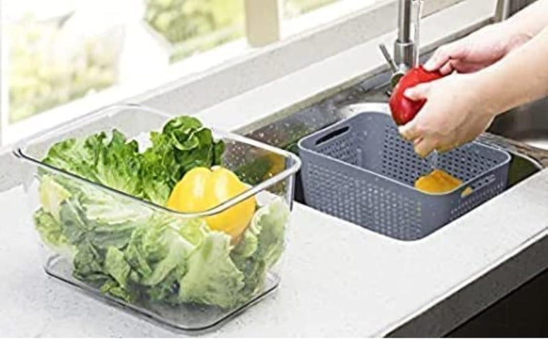 Removable Drain Basket-Fridge Storage Box Refrigerator Fresh Vegetable, Fruit, Meat Container Removable Drain Basket Storage Containers with Lid Kitchen