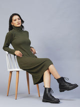 Rigo Women's Olive Green Turtle Neck Waffle Knit Cotton Midi Dress