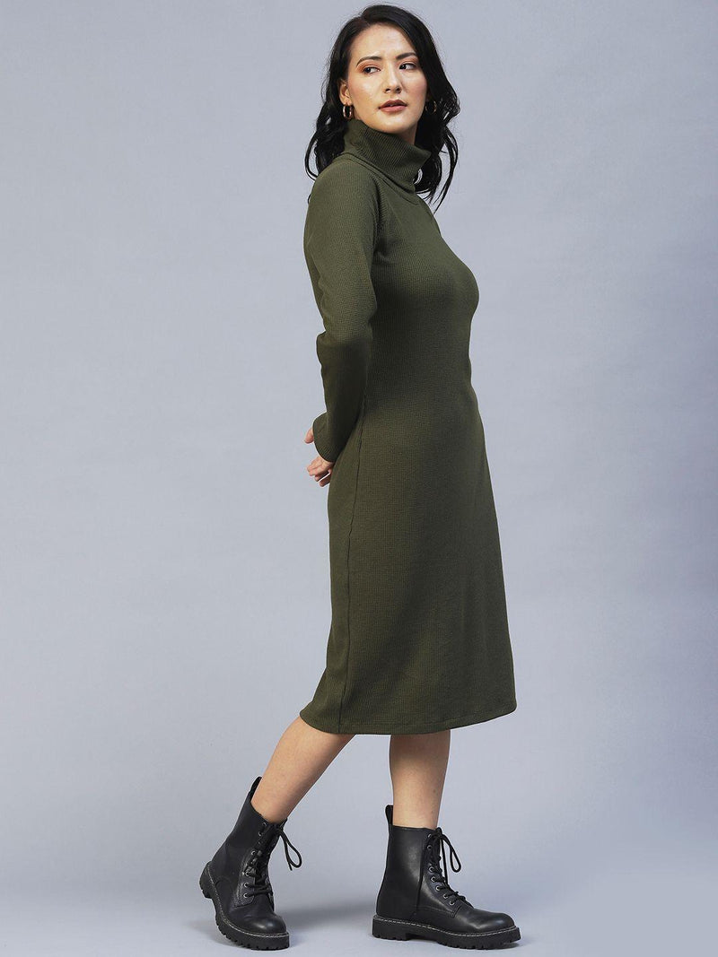 Rigo Women's Olive Green Turtle Neck Waffle Knit Cotton Midi Dress