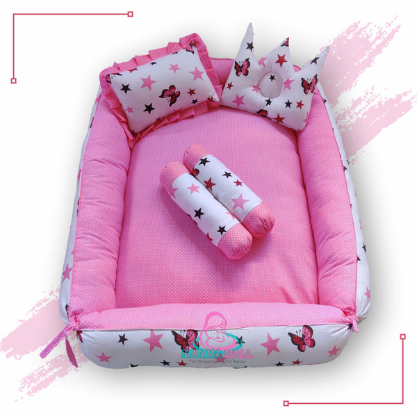 Baby Box Mattress Set With Set Of 4 Pillows As Neck Support, Side Support And Toy (Pink And White)