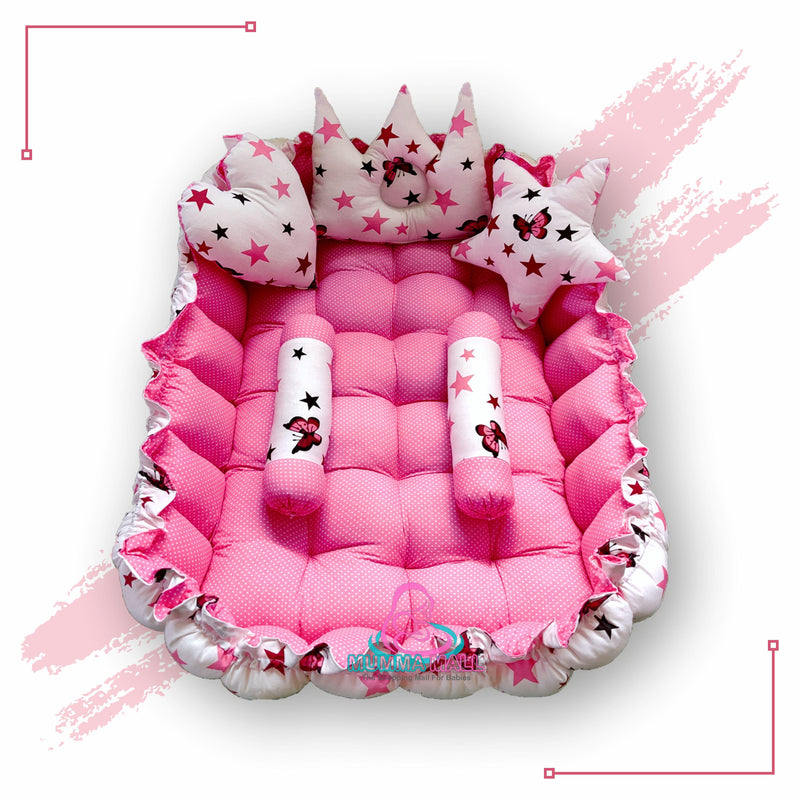 Round Baby Tub Bed With Blanket And Set Of 5 Pillows As Neck Support, Side Support And Toy (Pink And White)