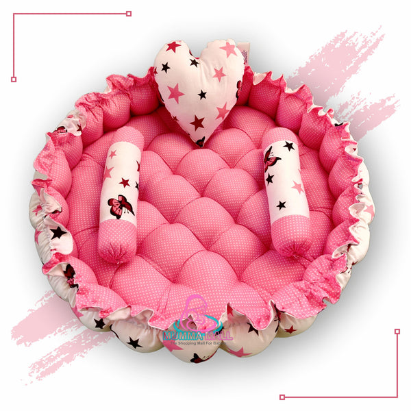 Round Baby Tub Bed With A Heart Pillow And Pair Of Bolster (Pink And White)