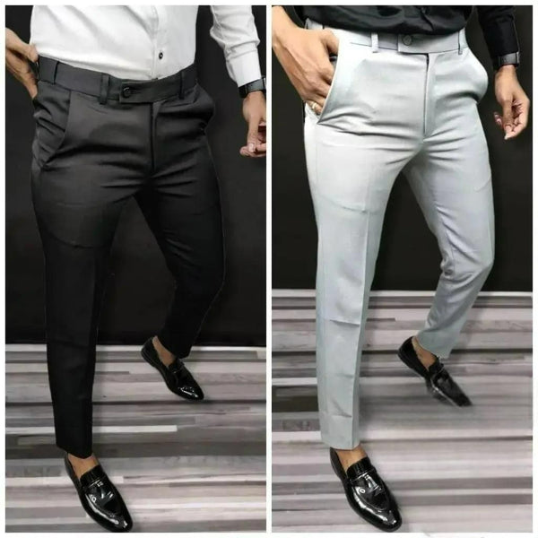 Mens Lycra Blend Solid Slim Fit Formal Trouser Pack of 2