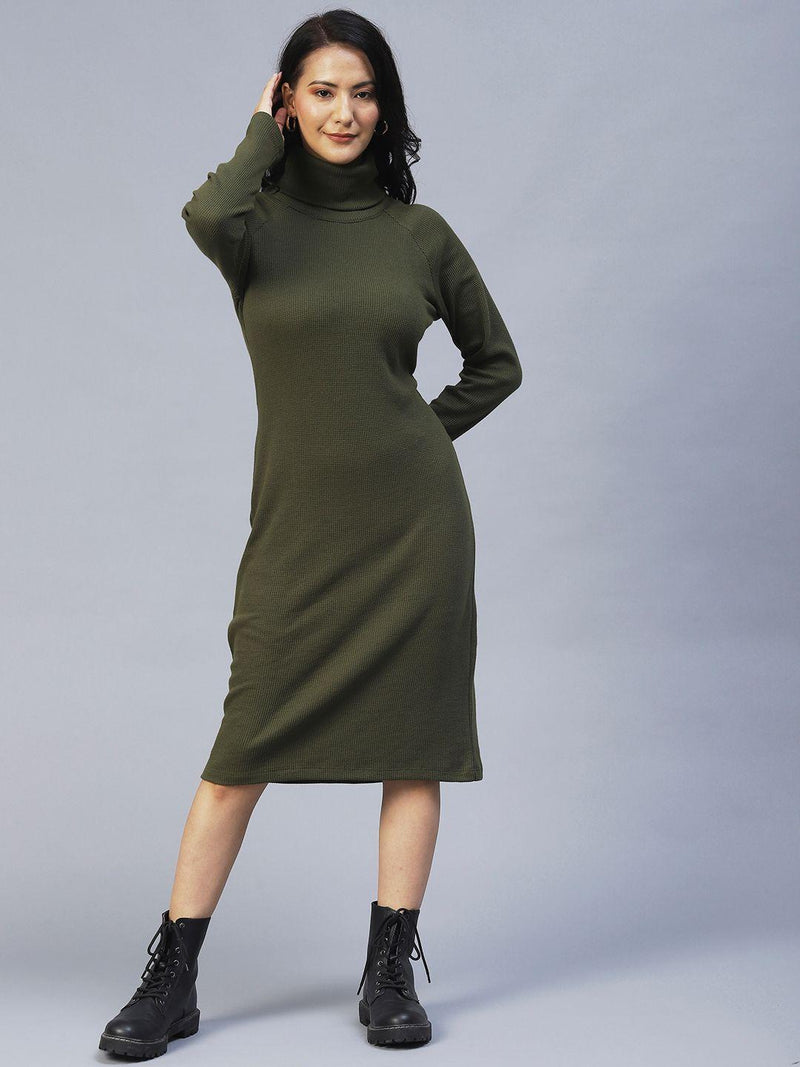 Rigo Women's Olive Green Turtle Neck Waffle Knit Cotton Midi Dress