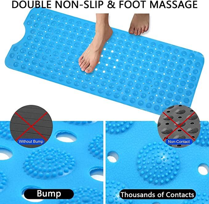 Anti Slip Bathroom Mat Bathtub Bath Shower Mat with Suction Cups & Drain Holes Door Mat Foot Massage Scrubber Bath Mat (Blue)