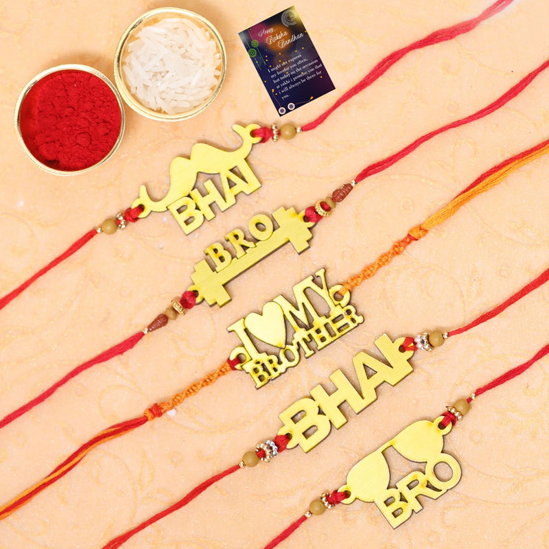 Rakhi Combo 5 For BHAIYA/BHAI/BROTHER/BRO With Kumkum,chawal With Greeting Card