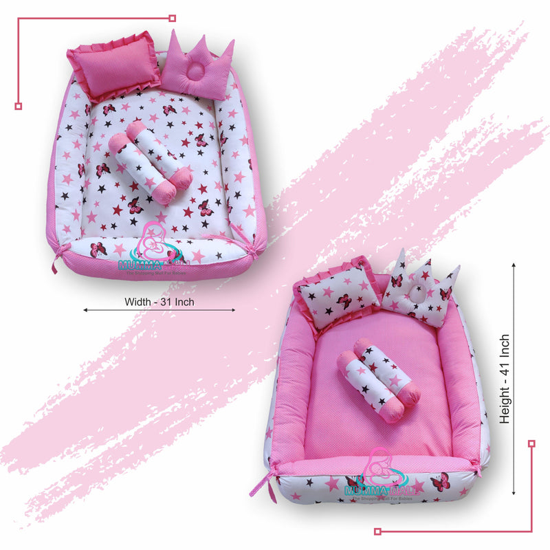 Baby Box Mattress Set With Set Of 4 Pillows As Neck Support, Side Support And Toy (Pink And White)